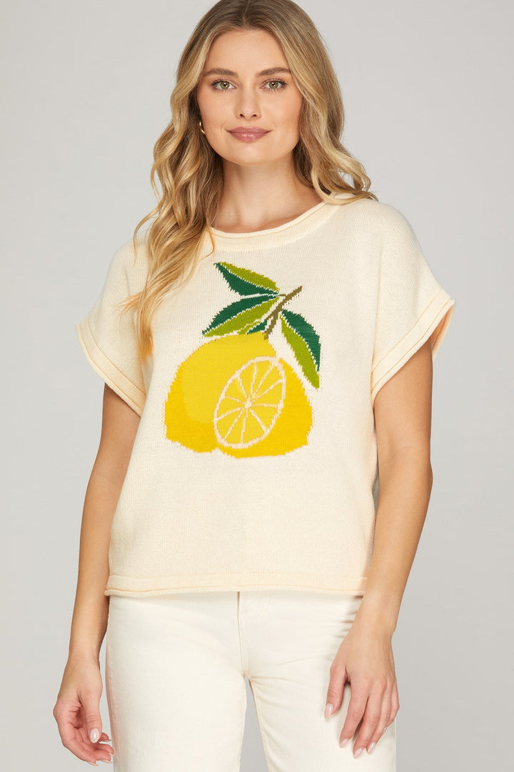 DROP SHORT SLV LEMON KNIT SWEATER