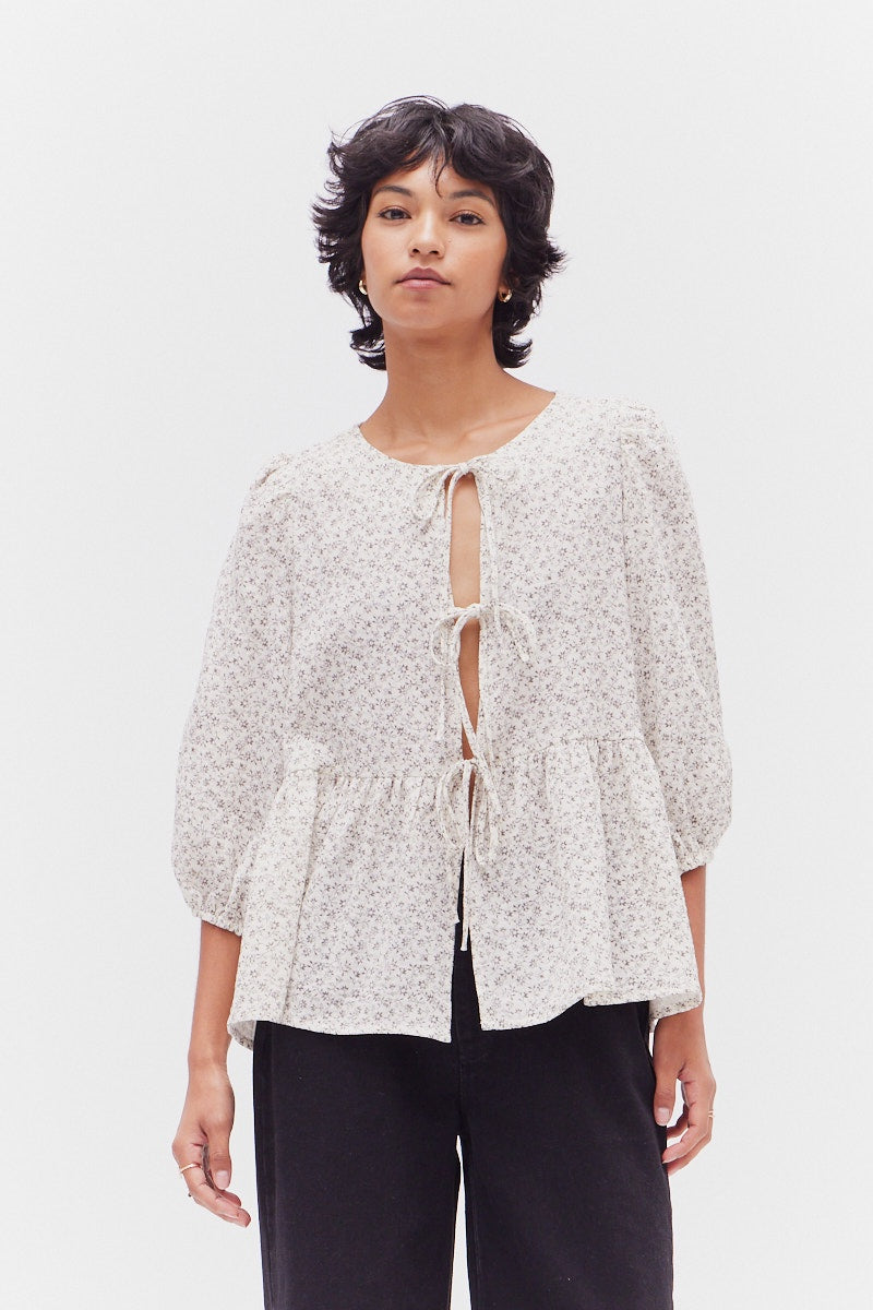 TIED PRINTED GAUZE TOP