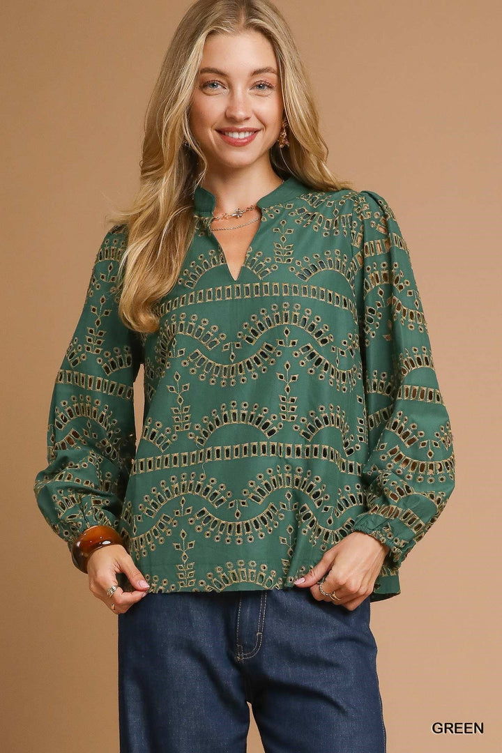 EYELET LONG SLEEVE TOP