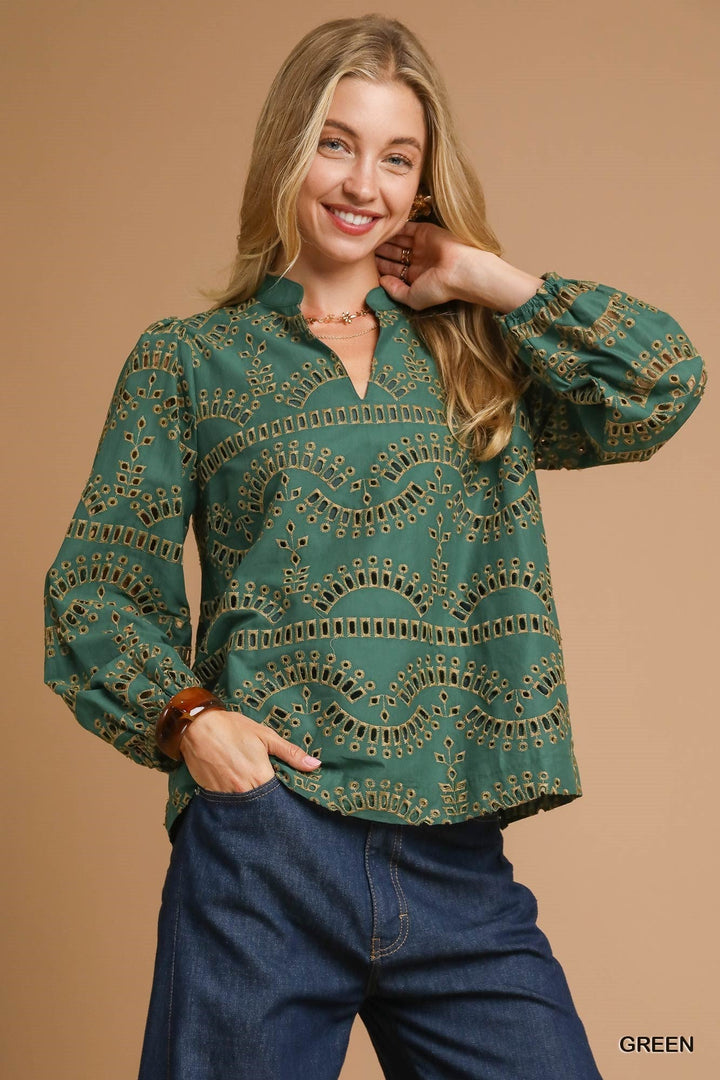 EYELET LONG SLEEVE TOP