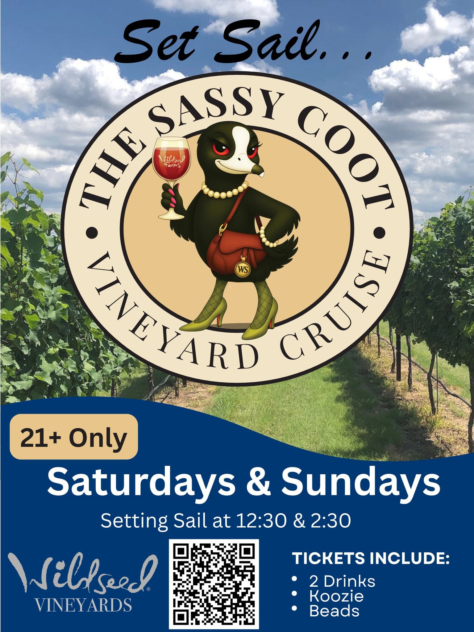 Promotional flyer for The Sassy Coot Vineyard Cruise with vineyard background