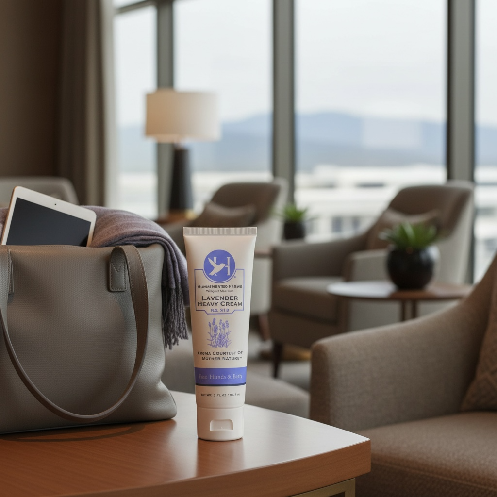 A 3oz tube of Hummingbird Farms Lavender Heavy Cream No. 518 rests on a table beside a gray handbag holding a tablet, in a modern sunlit lounge with armchairs and large windows offering scenic views.