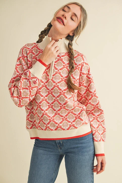 FLORAL HALF ZIP PULLOVER