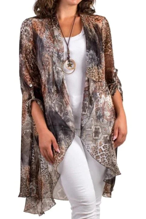 PORTICI SILK CARDIGAN in BLACK ANIMAL PRINT