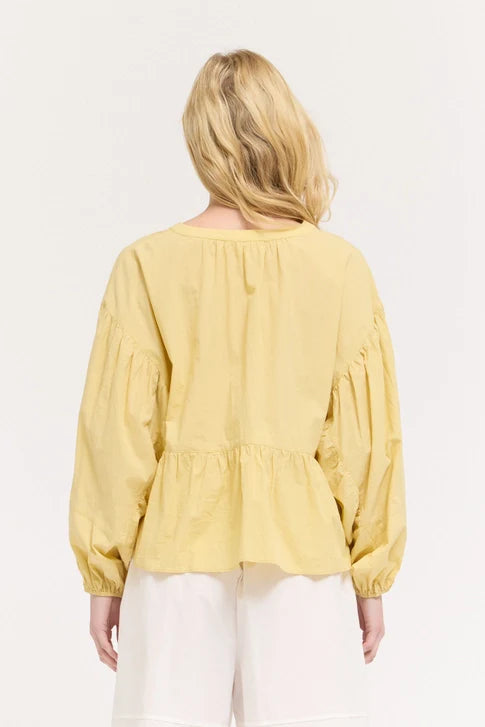 A woman with blonde hair is seen from the back, wearing the Zertz BALOON SLEEVE BLOUSE in yellow and white pants, creating a versatile look against a plain white background.