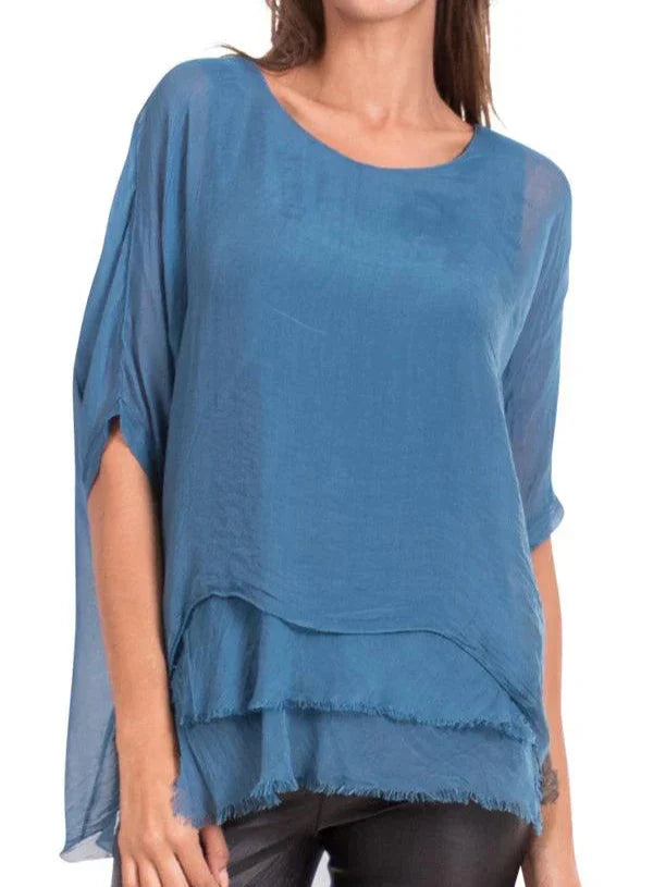 CARMELINA SILK KAFTAN ROUND NECK TOP in TEAL