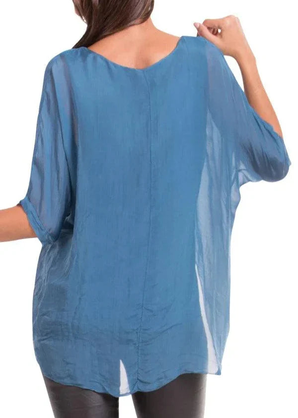 CARMELINA SILK KAFTAN ROUND NECK TOP in TEAL