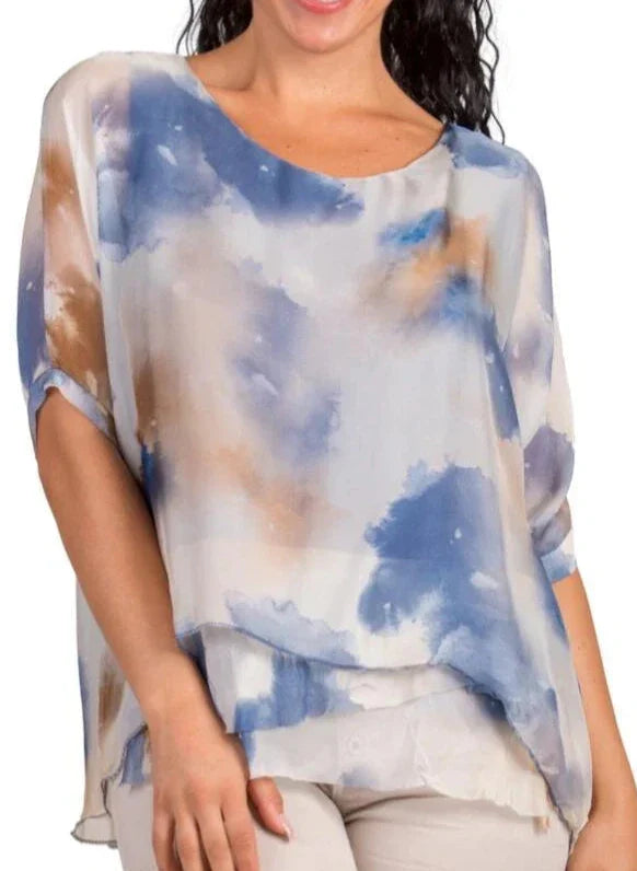 CARMELINA WATERCOLOR SILK KAFTAN ROUND NECK TOP in BLUE