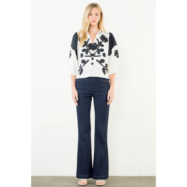 LONG SLV PATTERN DETAIL TOP