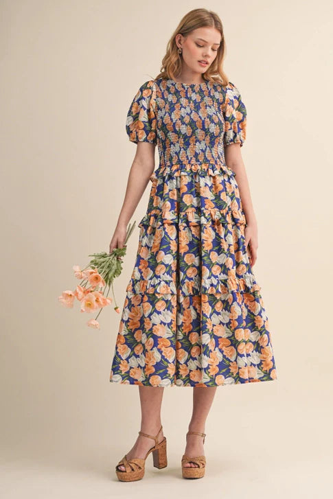 TIERED A LINE SMOCKED MID DRESS