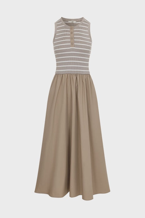 The Zertz LUCIENNE KNIT MIDI DRESS features a sleeveless, fitted beige and white striped bodice with button placket and a solid light brown, flared midi skirt. Shown against a plain white background.