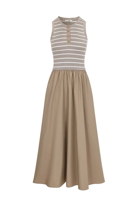 The LUCIENNE KNIT MIDI DRESS by Zertz features a sleeveless beige design with striped, fitted buttoned bodice and a solid, flowy skirt—ideal for effortless chic style.