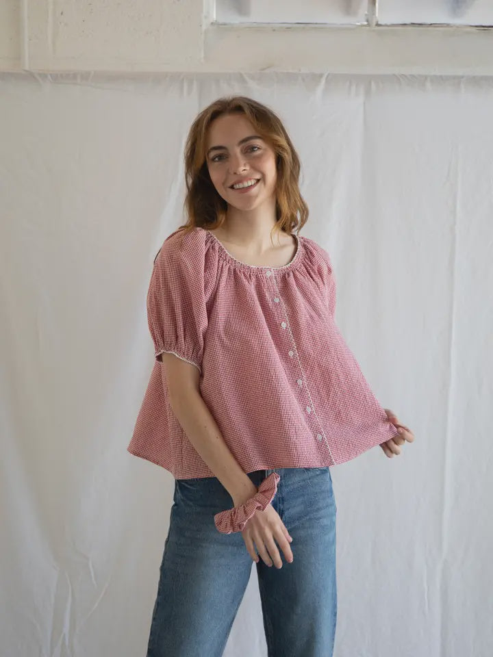 CHECKER PUFF SLEEVE BLOUSE