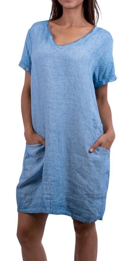 PERLA V-NECK SIDE POCKET LINEN DRESS in BLUE WASH