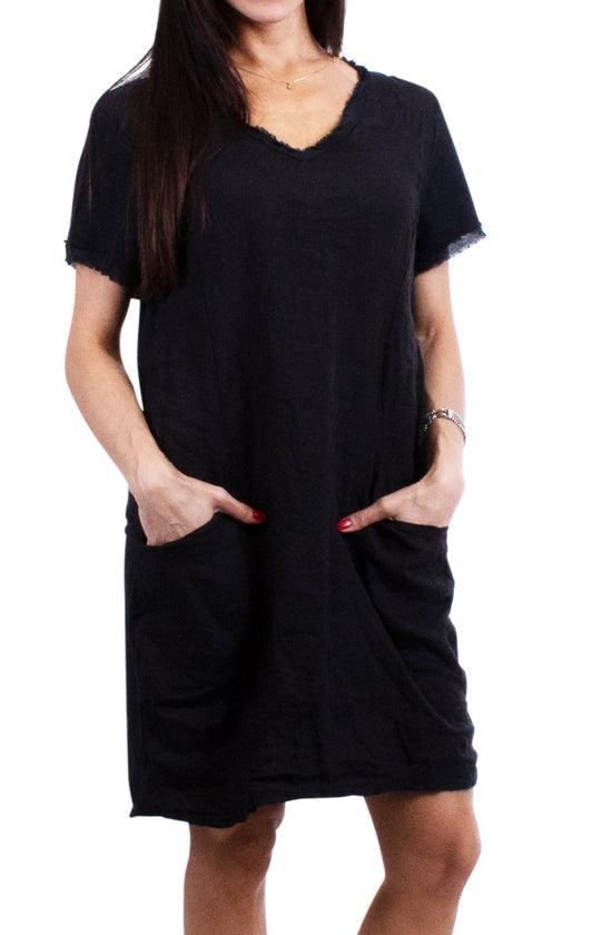 PERLA V-NECK SIDE POCKET LINEN DRESS in BLACK