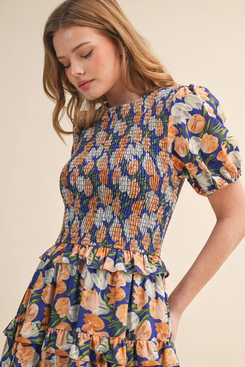 TIERED A LINE SMOCKED MID DRESS