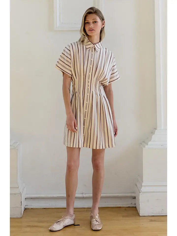 STRIPE DOLMAN SLV BUTTON FRONT MINI DRESS