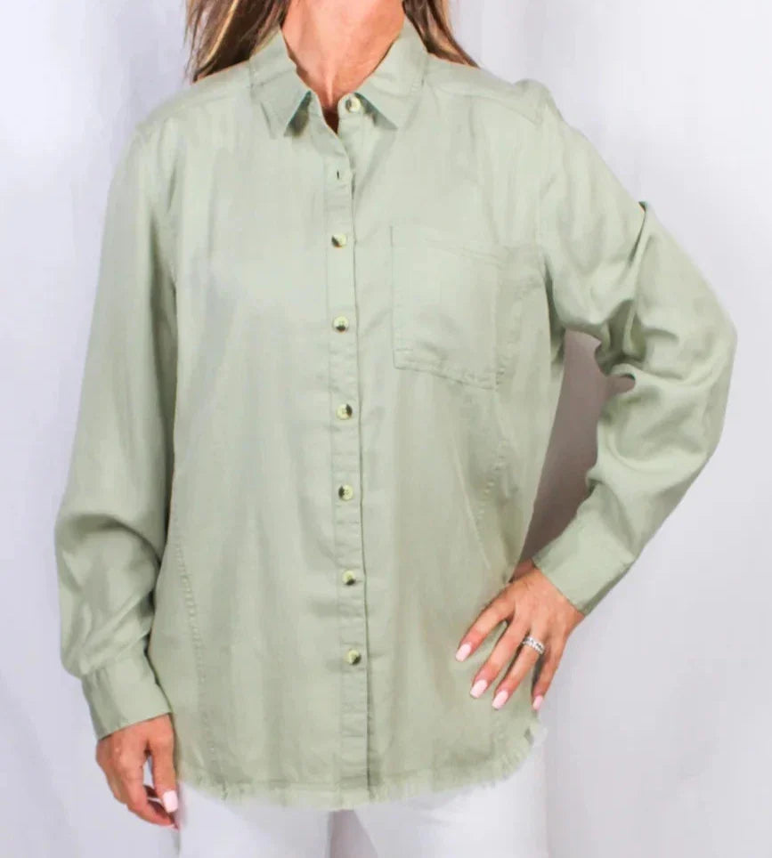 LADIES 1 POCKET FRAYED HEM TENCIL SHIRT in OLIVE