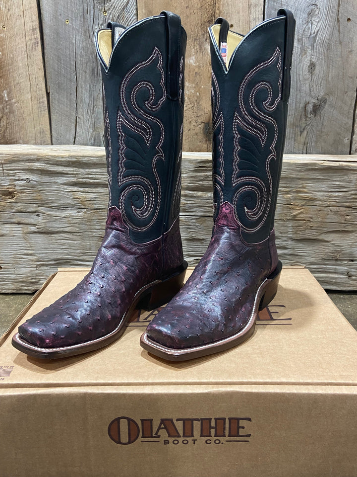 MENS BLACK CHERRY FULL QUILL OSTRICH OLATHE BOOTS