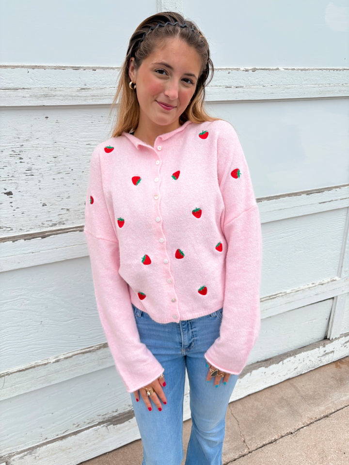 STRAWBERRY EMB PIPER CARDIGAN