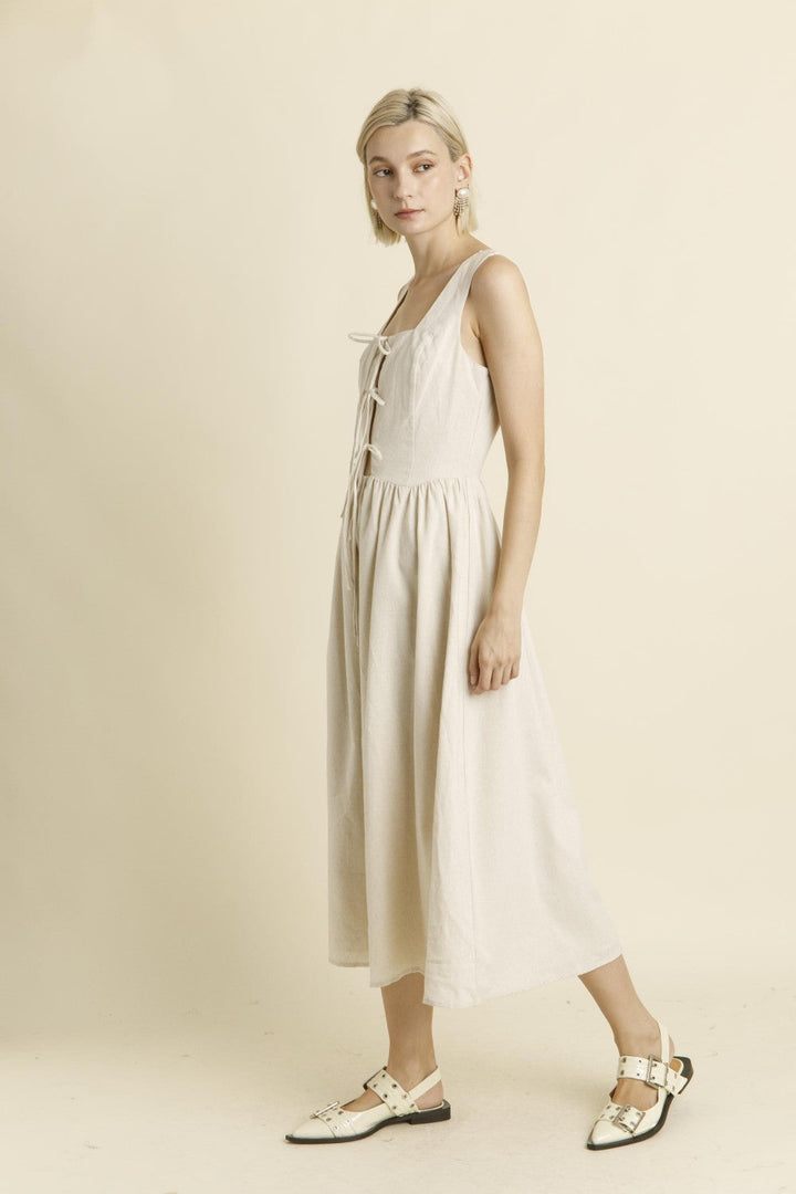 LINEN MIDI DRESS WITH TIES