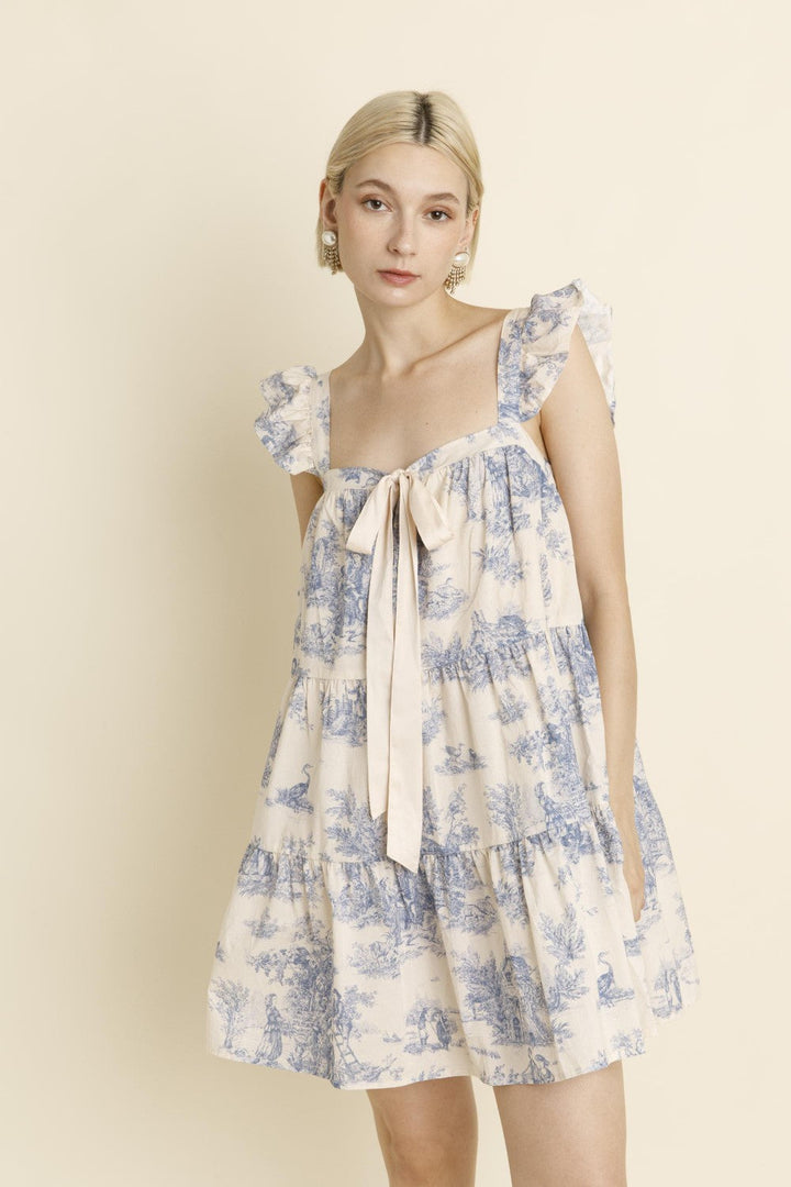 TOILE RUFFLE MINI DRESS W/BOW