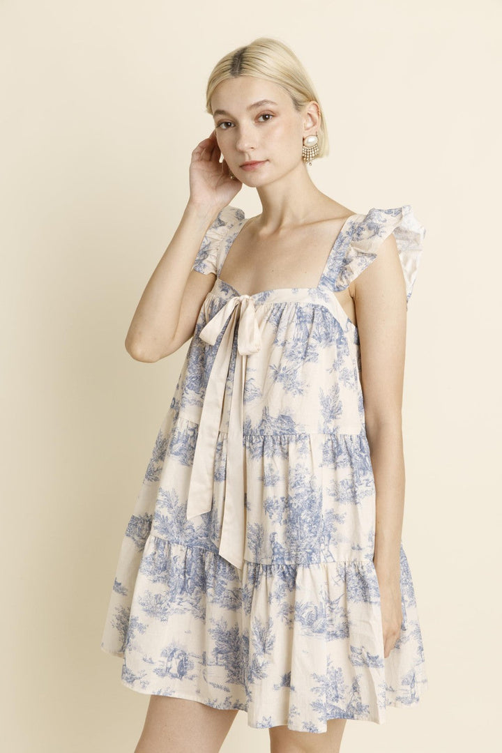 TOILE RUFFLE MINI DRESS W/BOW