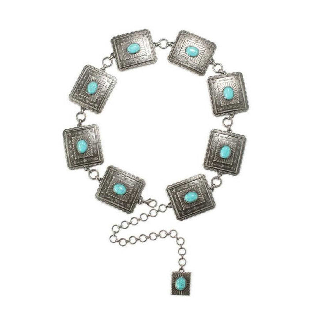 ARIAT SCALLOPED SQUARE CONCHO CHAIN BELT W/TURQUOISE STONES