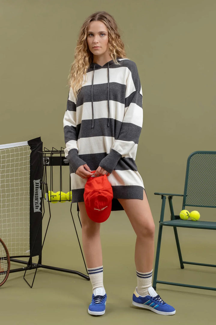 STRIPED HOODIE MINI KNIT DRESS