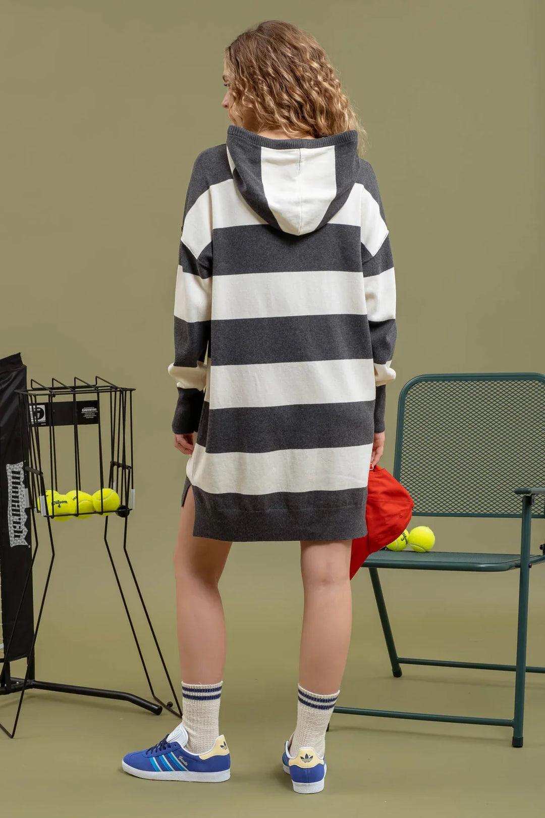 STRIPED HOODIE MINI KNIT DRESS