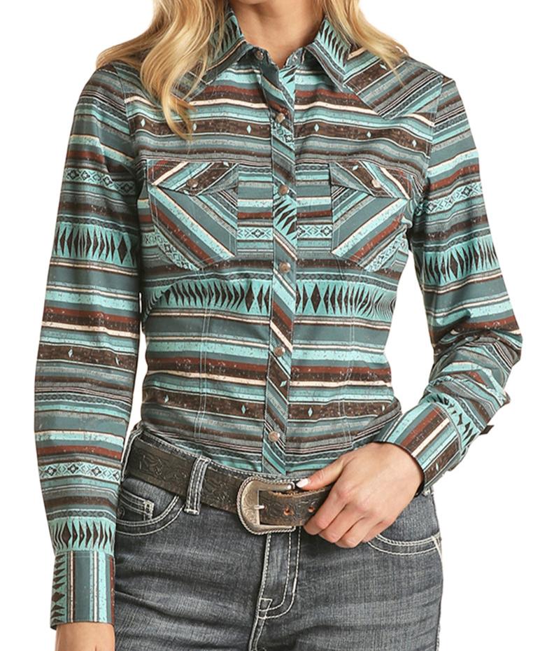 Rock & Roll Cowgirl Women's Aztec Stripe Snap Shirt