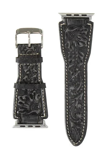 NOCONA MEN'S FLORAL TOOLED LEATHER iWATCH BAND in BLACK