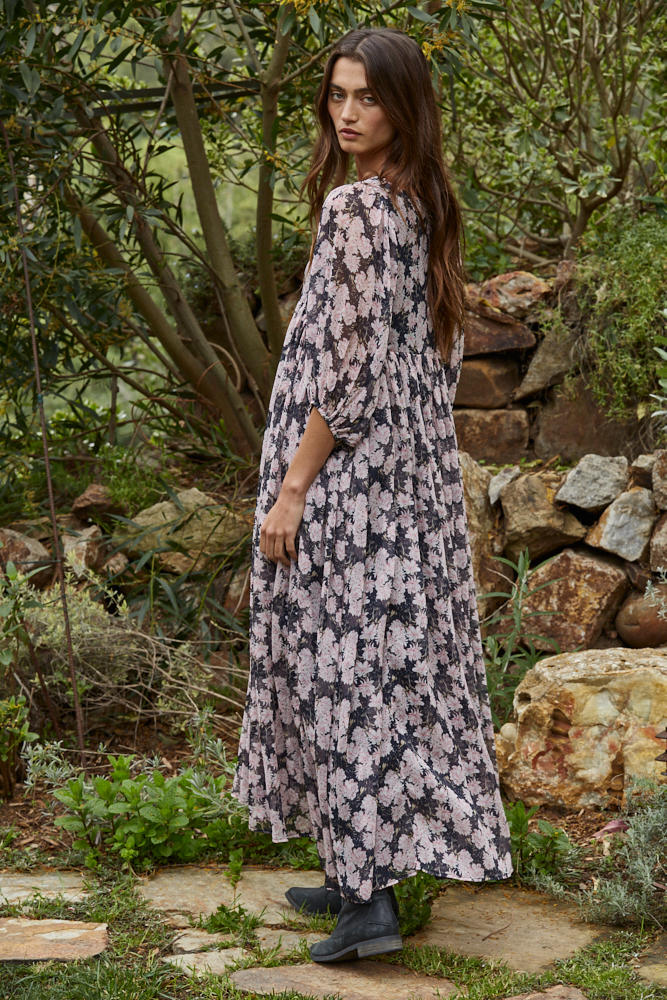 MIDNIGHT BLOSSOM FLARE MAXI DRESS