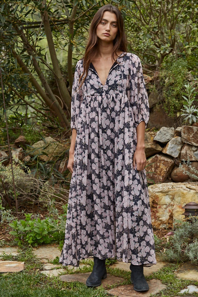 MIDNIGHT BLOSSOM FLARE MAXI DRESS