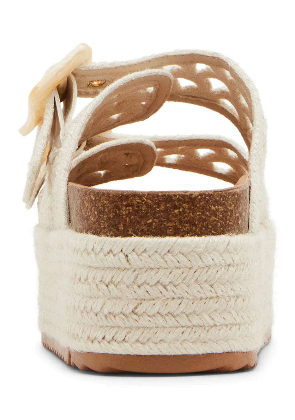 Rear view of the Zertz BALI PLATFORM SANDAL, featuring cream fabric straps, a woven espadrille-style platform sole, and a supportive cork footbed.