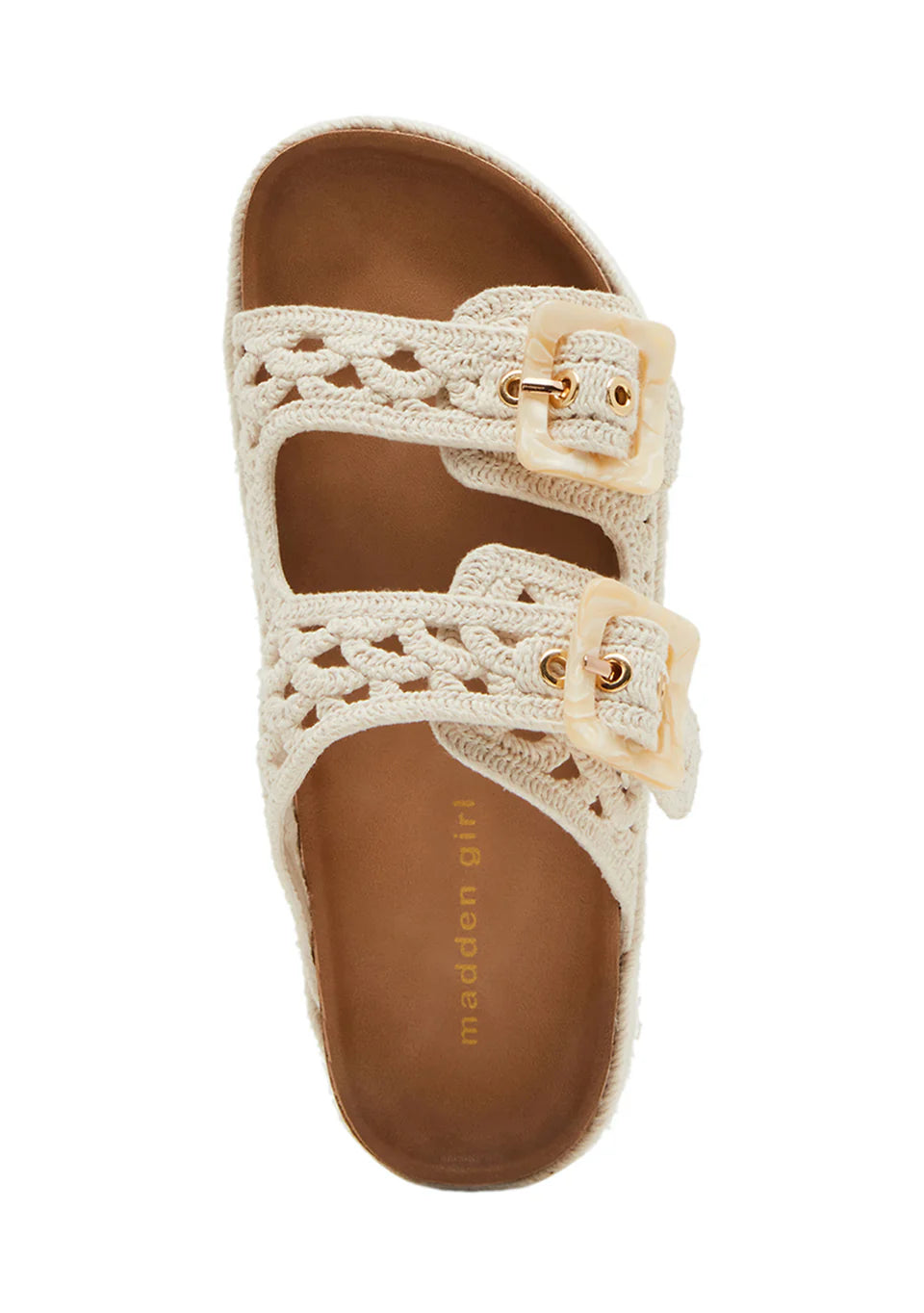 The BALI PLATFORM SANDAL by Zertz is beige with two wide crochet-design straps, each featuring a large gold buckle, and a brown footbed labeled Zertz.