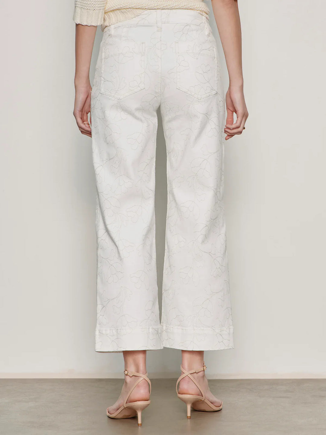 Facing away, a person wears THE MARINE CROP by Zertz—cropped, wide-leg white pants with subtle floral patterns—paired with beige heeled sandals. The background is plain and neutral.