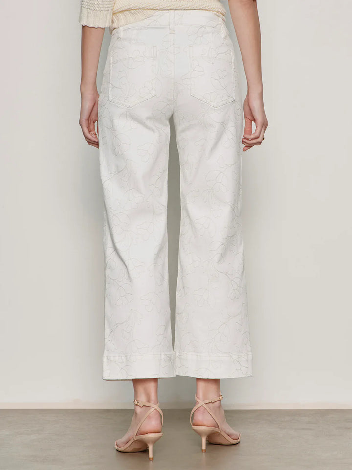 Facing away, a person wears THE MARINE CROP by Zertz—cropped, wide-leg white pants with subtle floral patterns—paired with beige heeled sandals. The background is plain and neutral.