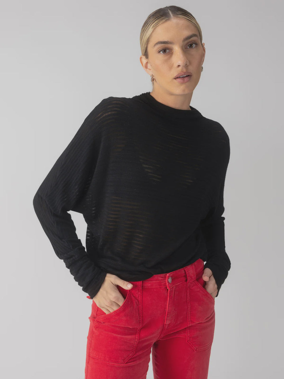 SHEER STRIPE FUNNEL NECK TOP