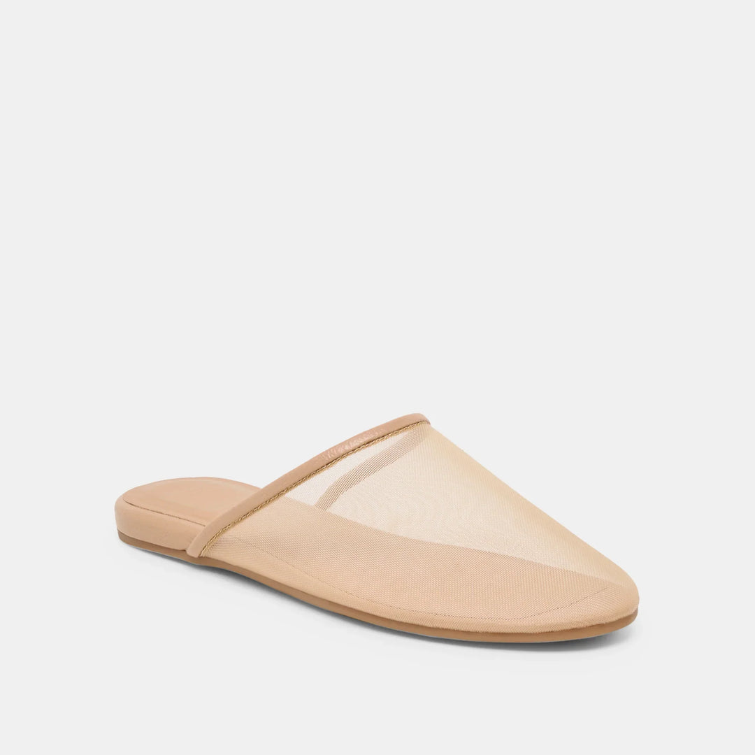 The Zertz GENI is a beige mesh slip-on mule featuring a flat sole and transparent upper, combining ballet flat elegance with comfort, shown on a plain white background.