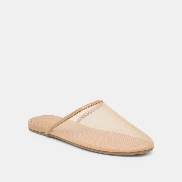 The Zertz GENI is a beige mesh slip-on mule featuring a flat sole and transparent upper, combining ballet flat elegance with comfort, shown on a plain white background.