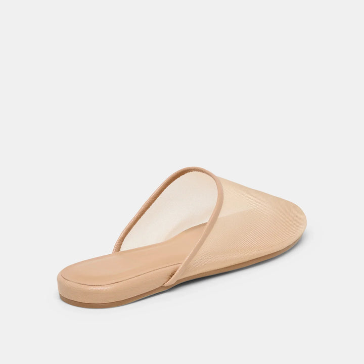 The Zertz GENI is a beige mesh slip-on sandal with a transparent upper and cushioned sole, shown from a rear side angle on a plain white background—an elegant, stylish, and sustainable footwear choice.