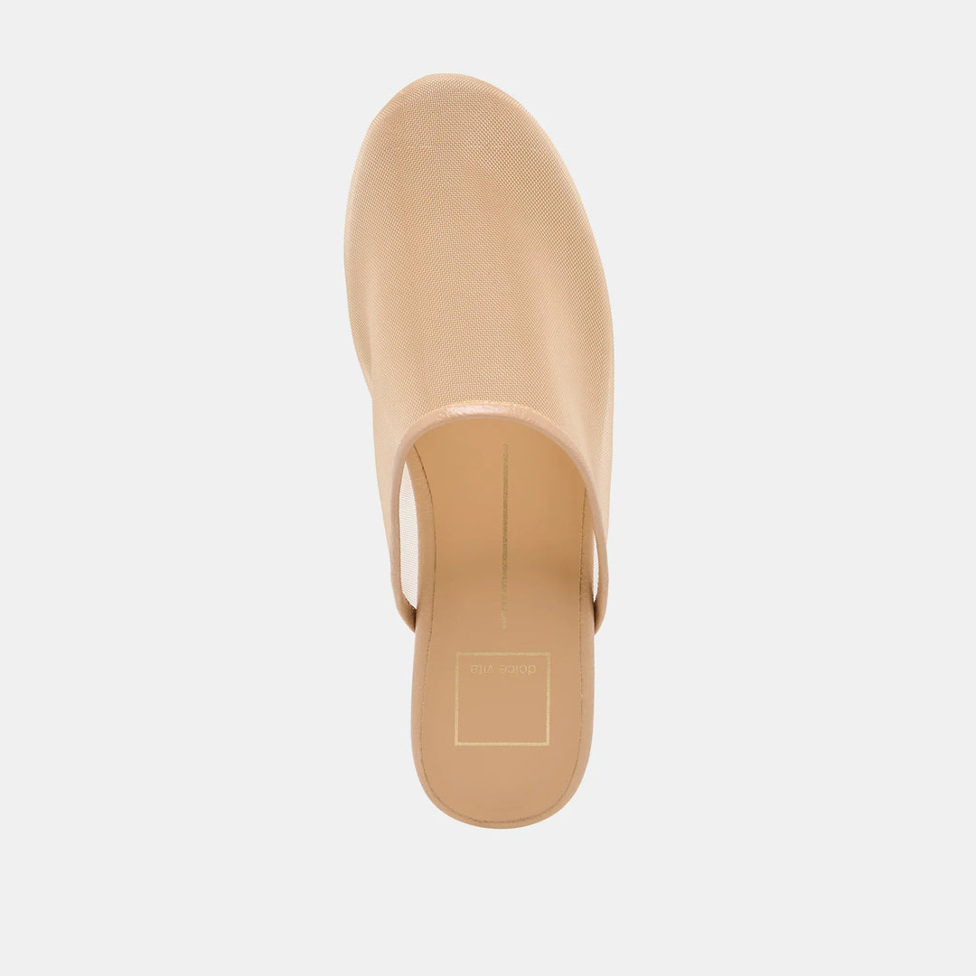 A top view of the Zertz GENI beige mesh slip-on mule with an open back and rounded toe, displayed on a white background—an elegant, sustainable footwear choice.