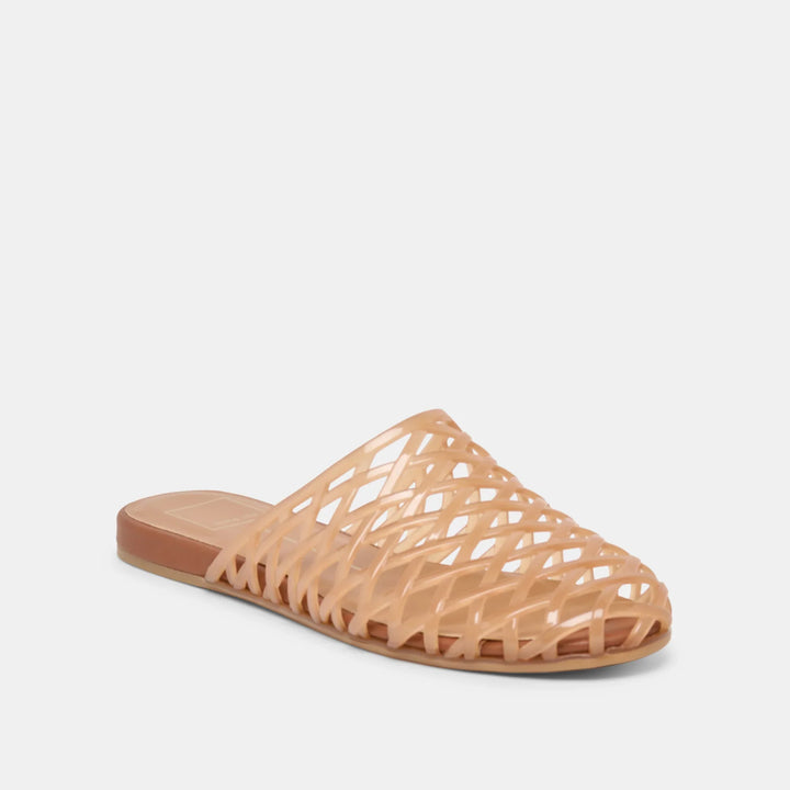 The Zertz GINNA JELLY FLATS is a single tan slip-on sandal featuring a woven lattice-style upper made from a water-based leather alternative and a flat sole, displayed on a plain white background.