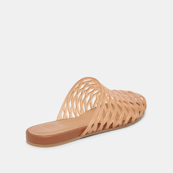The Zertz GINNA JELLY FLATS are peach-colored slip-on sandals made from a water-based leather alternative with a woven design, flat sole, and open back—ideal for summer—shown on a plain white background.