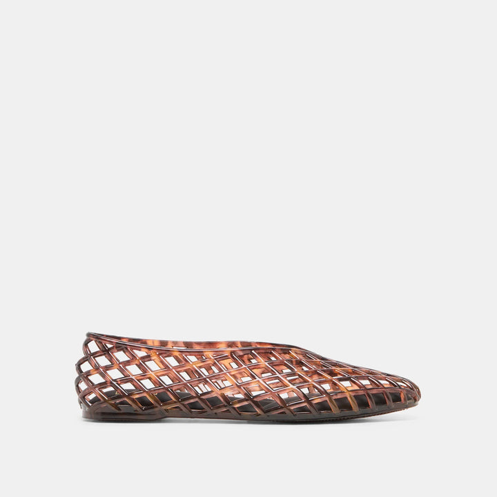 The JAM FLATS by Zertz are brown, translucent flats with a lattice pattern, made from plastic. Versatile and stylish, this single shoe is shown against a plain white background.
