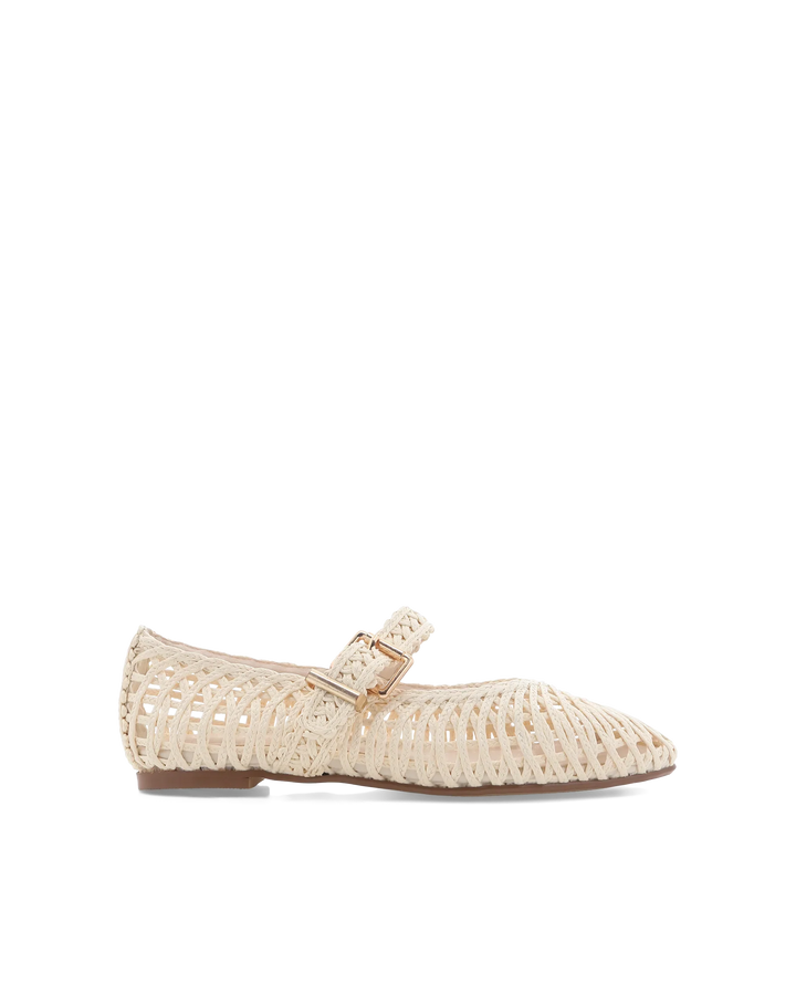 The Zertz FRANKY FLAT is a beige raffia shoe with a chic woven design, pointed toe, and thin buckled instep strap, offering an open, airy style. Photographed against a plain white background.