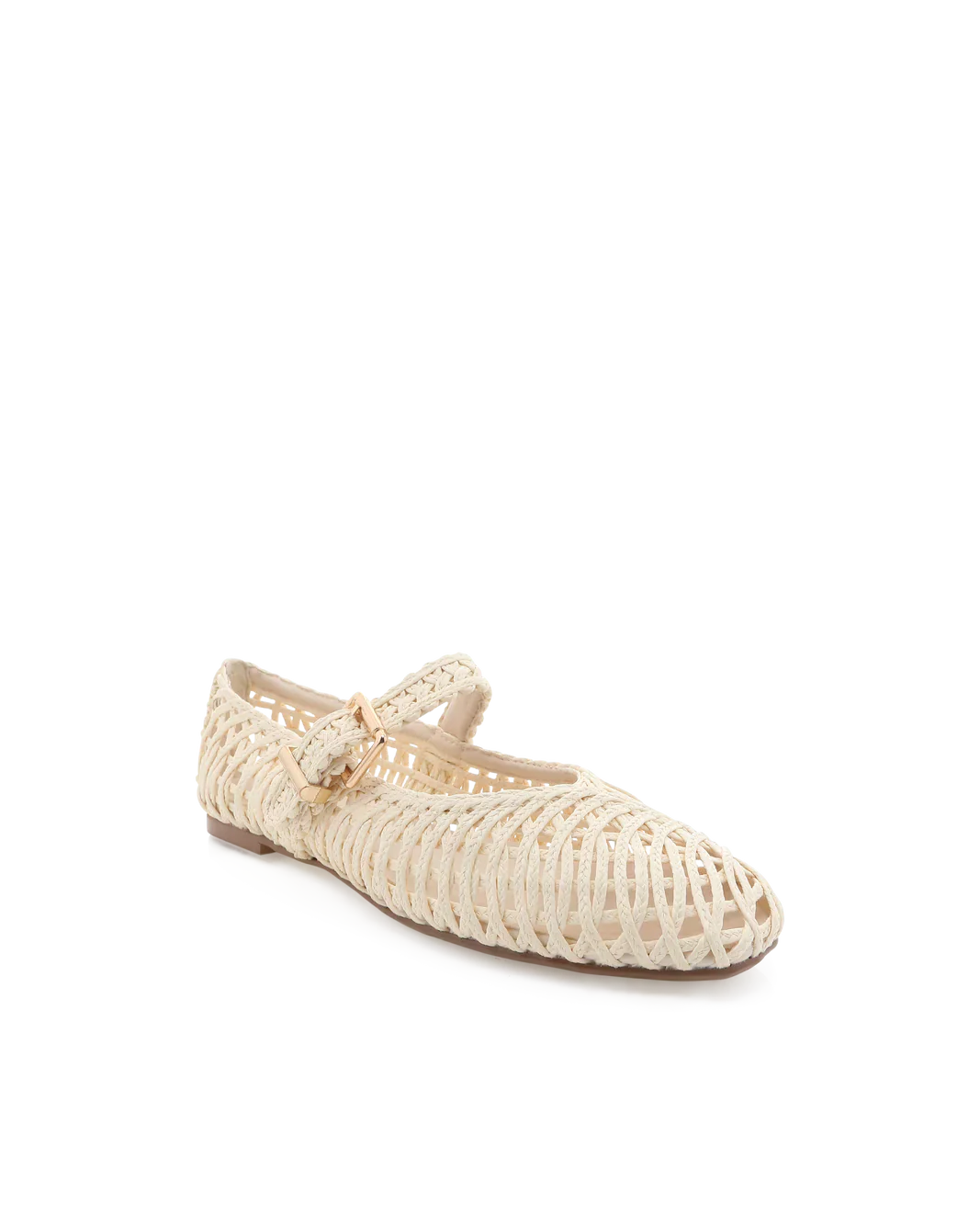 The FRANKY FLAT by Zertz is a beige raffia flat with a chic woven design, closed toe, low heel, and an instep strap with a gold buckle, shown on a white background.