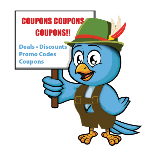 Fredericksburg Store Logo - Bird holding a sign that says Coupons!