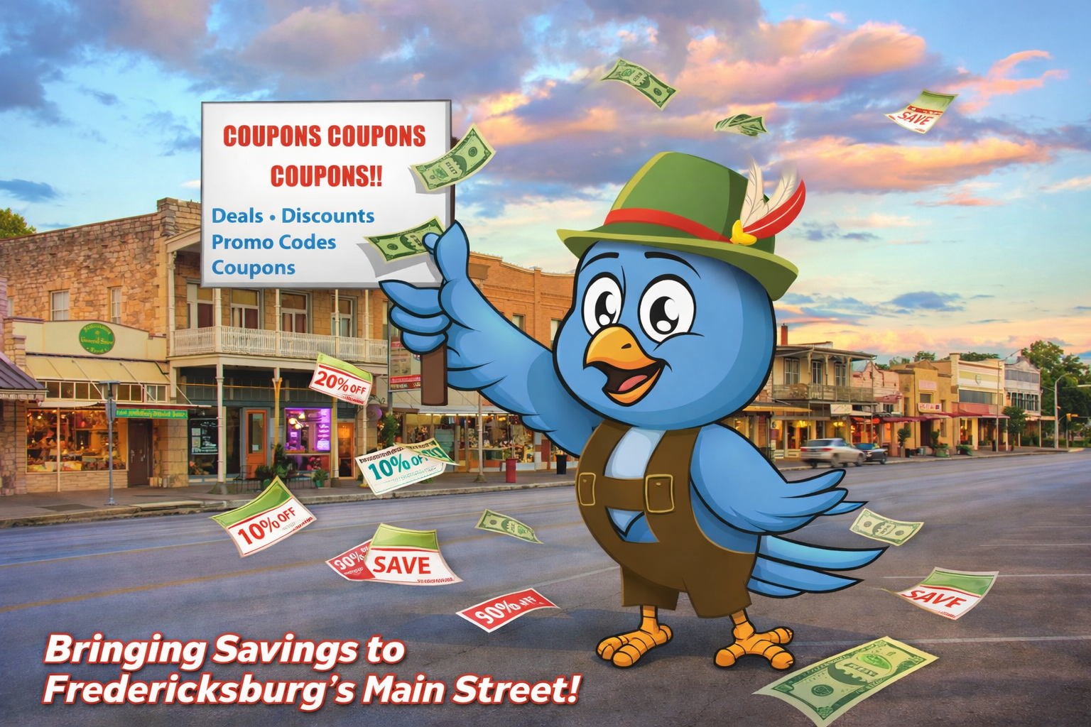 Cartoon bird character holding a sign with coupons on  Fredericksburg Texas Main Street scene with buildings and a blue sky.